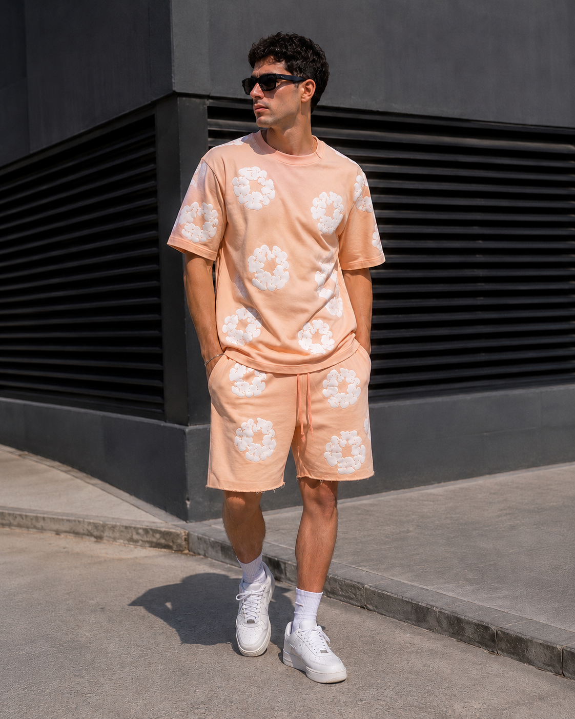 Set Casual Hombre Floral Peach short and t-shirt
