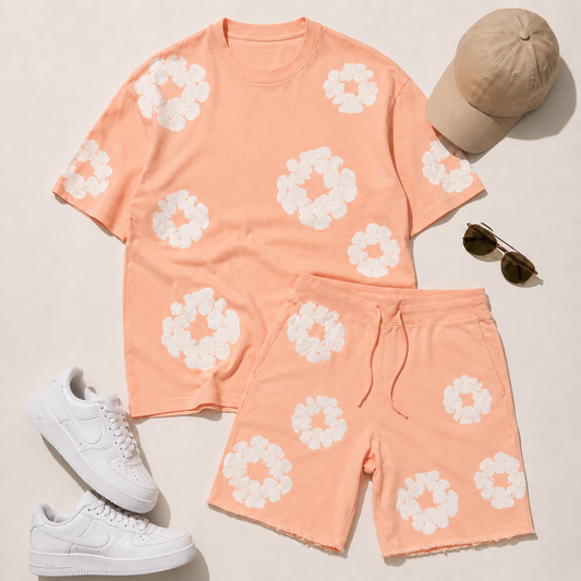 Set Casual Hombre Floral Peach short and t-shirt